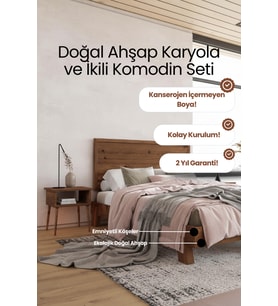 Hüma Model Yatay Başlıklı Masif Ahşap Karyola ve 2 Adet Komodin Kolay Kurulum Fırınlanmış İthal Sibirya Çamı 200x200 Yatak Uyumlu 2 Adet Komodin