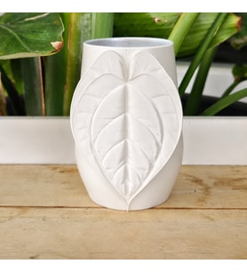 3D Baskı Yaprak Desenli Kap - Kalp Yaprağı Süslemeli Dekoratif Kap-Beyaz