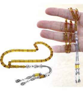 Ateş Kehribar Tesbih - Kararmaz Metal Damla Püsküllü - Soft Sarı Renk - Mini Boy - Kesme Kesim (STD)