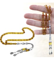 Ateş Kehribar Tesbih - Kararmaz Metal Damla Püsküllü - Soft Sarı Renk - Mini Boy - Kesme Kesim (STD)