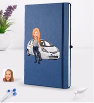 BK Gift Kişiye Özel Plakalı Kadın Honda Jazz Karikatürlü Lacivert Termo Deri Defter 16x24cm Model 1