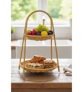 ® Plastik Rattan İki Katlı Sunumluk–Dekoratif Organizer, Mutfak Meyve,Sebze Sepeti, Banyo Düze