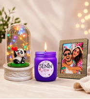 Kişiye Özel Fotoğraflı Renkli LED Işıklı Fanus (panda) ve Kokulu Cam Mum Seti