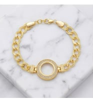Altın Kaplama İmitasyon 2 Sıra Zirkon Taşlı Desenli Figaro Model Çeyrek Çerçeve Bileklik BLK-1159 (Gold)