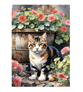 Çiçekler Ve Kedi Art Mdf Poster