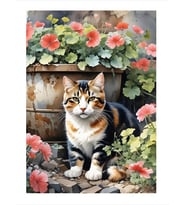 Çiçekler Ve Kedi Art Mdf Poster