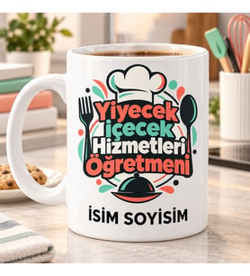 Kişiye Özel Yiyecek İçecek Hizmetleri Öğretmeni Aşçı Şapkası ve Servis Kapağı Desenli Kırmızı Yeşil Kupa Bardak