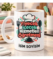 Kişiye Özel Yiyecek İçecek Hizmetleri Öğretmeni Aşçı Şapkası ve Servis Kapağı Desenli Kırmızı Yeşil Kupa Bardak