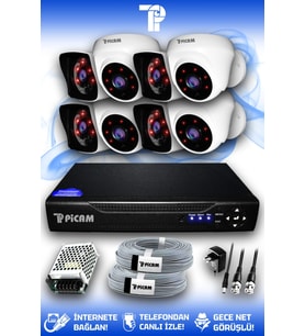 PICAM 8 Kameralı Kare 4 İç Kamera Set HDD'siz Full HD Gece Görüşlü Güvenlik Kamerası Sistemi