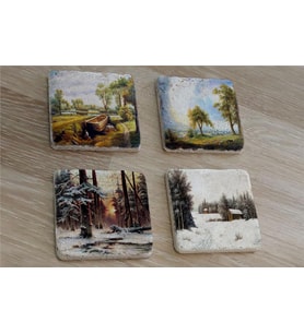 Doğa ve Orman Manzarası Doğal Taş Bardak Altlığı 4'lü set - Natural Stone Coasters