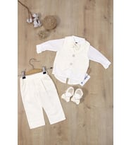 Erkek Bebek Yelekli Papyonlu Mevlit Takımı Lüks Özel Gün ve Mevlütlük Süslü Set 0 - 4 AY STL6883 (Krem)