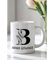 Kişiselleştirilebilir B Harfi Tasarımlı 330ml Baskılı Beyaz Seramik Kupa Bardak (Siyah Beyaz Baskili)