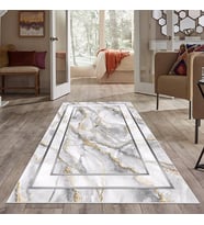 Beyaz Mermer Desenli Çerçeveli Yıkanabilir Kaymaz Taban Leke Tutmaz Modern Salon Halısı ve Yolluk (Gold)