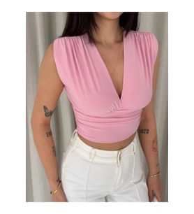 Vatkalı Kolsuz V Yaka Drapeli Crop Bluz Likralı Fit - Pembe