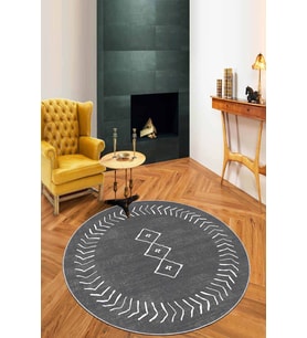 Gri Moroccan Kaymaz Tabanlı Yıkanabilir Yuvarlak Halı AR410 - 100 x 100 cm