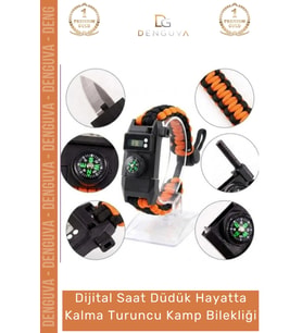 #Bileklik Paracord Dijital Saatli SOS LED Pusula Magnezyum Hayatta Kalma Turuncu Kamp Bilekliği