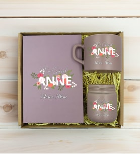 BK Gift Kişiye Özel İsimli DTF Anne Temalı Mat Gri Defter & Kahve Fincanı & Mum Hediye Seti-1, Anneye Hediye, Anneler Günü Hediyesi