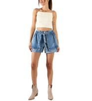 Denim Volanlı Bağlama Detaylı Mavi Mini Şort