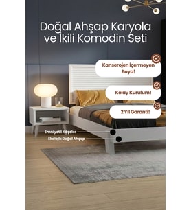 Ebruli̇ Model Yatay Başlıklı Masif Ahşap Karyola ve 2 Adet Komodin Kolay Kurulum Fırınlanmış İthal Sibirya Çamı 90x190 Yatak Uyumlu 2 Adet Komodin