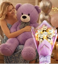 90 Cm Peluş Ayı ve LED Işıklı Romantik Lila Yumoş Peluş Ayıcık Buketi Sevgiliye Hediye