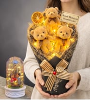 Size Özel Büyük Boy Işıklı Peluş Ayıcık Buketi ve Işıklı Biblolu Fanus Hediye Seti (Model 1)