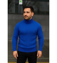 Erkek Balıkcı Yaka Bağazlı Triko Kazak Pamuklu Kalın Fitilli Dokuma, Regular Fit Uzun Kollu Kışlık Model - Saks Mavisi
