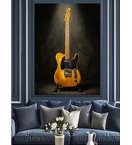 Siyah Arka Planda Sarı Gitar Dekoratif Kanvas - Mdf Ahşap Tablo
