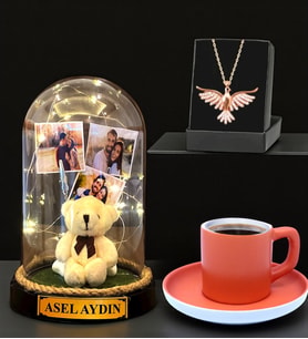 Sizlere Özel Led Işıklı Fanus, Türk Kahvesi Fincanı ve Anka Kuşu Kolye (Model 1)