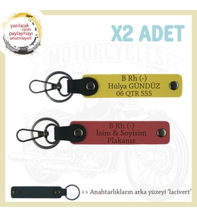 Tüm Sürücülere, İsim Plaka ve B Rh (-) Kan Grubu Yazılı x2' li Set Anahtarlık, Nar Çiçeği-Sarı-Laci (Çok Renkli)