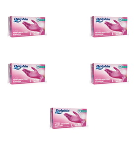 Dolphin Tek Kullanımlık Pembe Nitril Eldiven - Muayne Eldiveni Large Büyük Boy - 100'lü 5 Paket