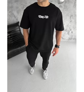 Unisex Bisiklet Yaka Baskılı Oversize T-Shirt - Siyah