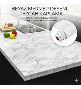 Beyaz Mermer Desenli Yapışkanlı Tezgah Folyosu (3 Mt.x 60 Cm)