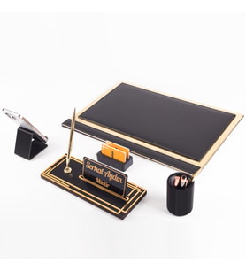 Apollo Altın Varak Desenli Siyah Deri Sümen Seti İsme Özel Ofis Masa İsimliği Masaüstü Sümen Takımı