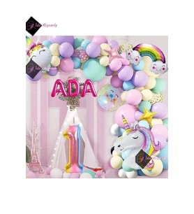 1 Yaş Ve 3 Harfli Gökkuşağı Konsepti Unicorn Temalı Makaron Balon Doğum Günü Parti Kutlama Seti