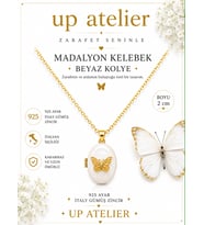 925 Ayar Gümüş İthal Zincirli Beyaz Sedefli Gold Kelebek Madalyon Kolye 40-45cm Ayarlanabilir