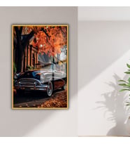 Metal Çerçeveli Temperli Cam Tablo Sonbahar ve Klasik Buick (Gold)