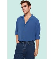 Erkek Oversize Apaş Yaka Uzun Kollu Gömlek Basic Siluet Günlük Kullanım Yaz Aylarının Vazgeçilmezi (İndigo)