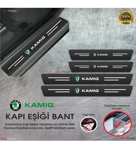 Skoda Kamig  Logolu Karbon Kapı Eşiği Koruyucu Suni Deri 4'lü Set