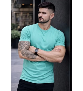 Erkek Body Tişört Bisiklet Yaka Slim Fit Likralı T-Shirt - Turkuvaz