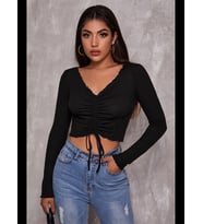 Fantezia Night Kadın Beyaz Uzun Kollu Büzdürme Bağcık Detaylı Crop Top Bluz