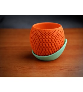 3D Baskı Küre Saksı - Kafes Dokulu İki Parçalı Dekoratif Saksı - Turuncu-Mint