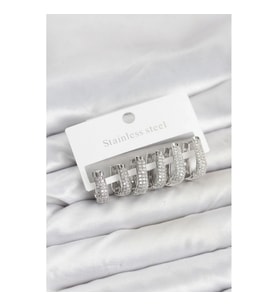 Mey İthalat® 316L Çelik Gümüş Renk Zirkon Taşlı Damla Halka Küpe Seti