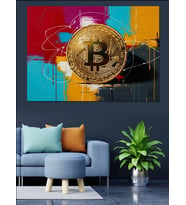 Bitcoin Sembolü Ve Renk Sıçramaları Dekoratif Kanvas - Mdf Ahşap Tablo