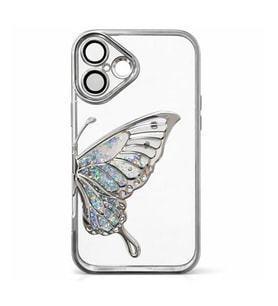 Coverzone iPhone 16 ile Uyumlu 3D Kelebekli S?v?l? Simli ?effaf G�m�? �erceve LunaFlow Telefon K?l?f? Kamera Lens Korumal? L�ks Parlak Koruyucu Kapak