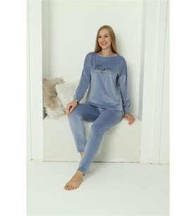Akbeniz Kadın Kadife Mavi Pijama Takım 20624