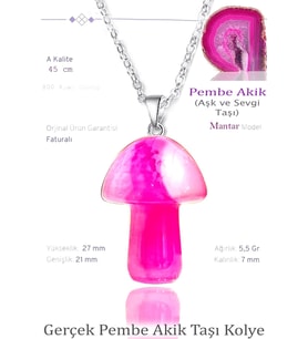 Sertifikalı Mantar Model Pembe Akik Taşı Kolye - Gümüş Aparatlı (Çok Renkli)
