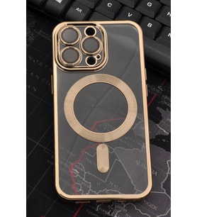 iPhone 13 Pro Uyumlu MagSafe Özellikli Altın Sarı Gold Renkli Kenarlı Lazerli Şeffaf Kılıf Lens Korumalı (Renksiz)