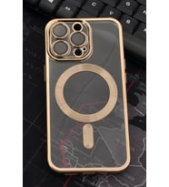 iPhone 13 Pro Uyumlu MagSafe Özellikli Altın Sarı Gold Renkli Kenarlı Lazerli Şeffaf Kılıf Lens Korumalı (Renksiz)