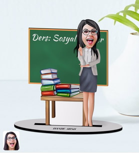BK Gift Kişiye Özel Kadın Sosyal Bilgiler Öğretmeni Karikatürlü Ahşap Biblo Model-1 (Beyaz)