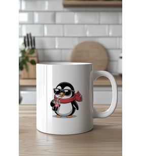 Gözlüklü Penguen Desenli 330ml Baskılı Beyaz Seramik Kupa Bardak